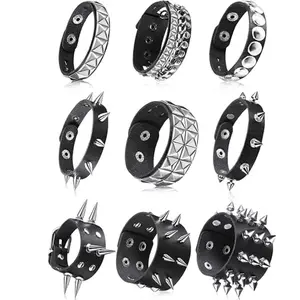 9pcs Spiked Studded PU Leather Bracelets, with Rivet Accents - Punk Style Metal Wristbands for Men & Women, Adjustable Snap Buttons, Durable & Stylish for Casual Attire, Halloween Accessory, Studded Detailing, Casual graduation gift mini