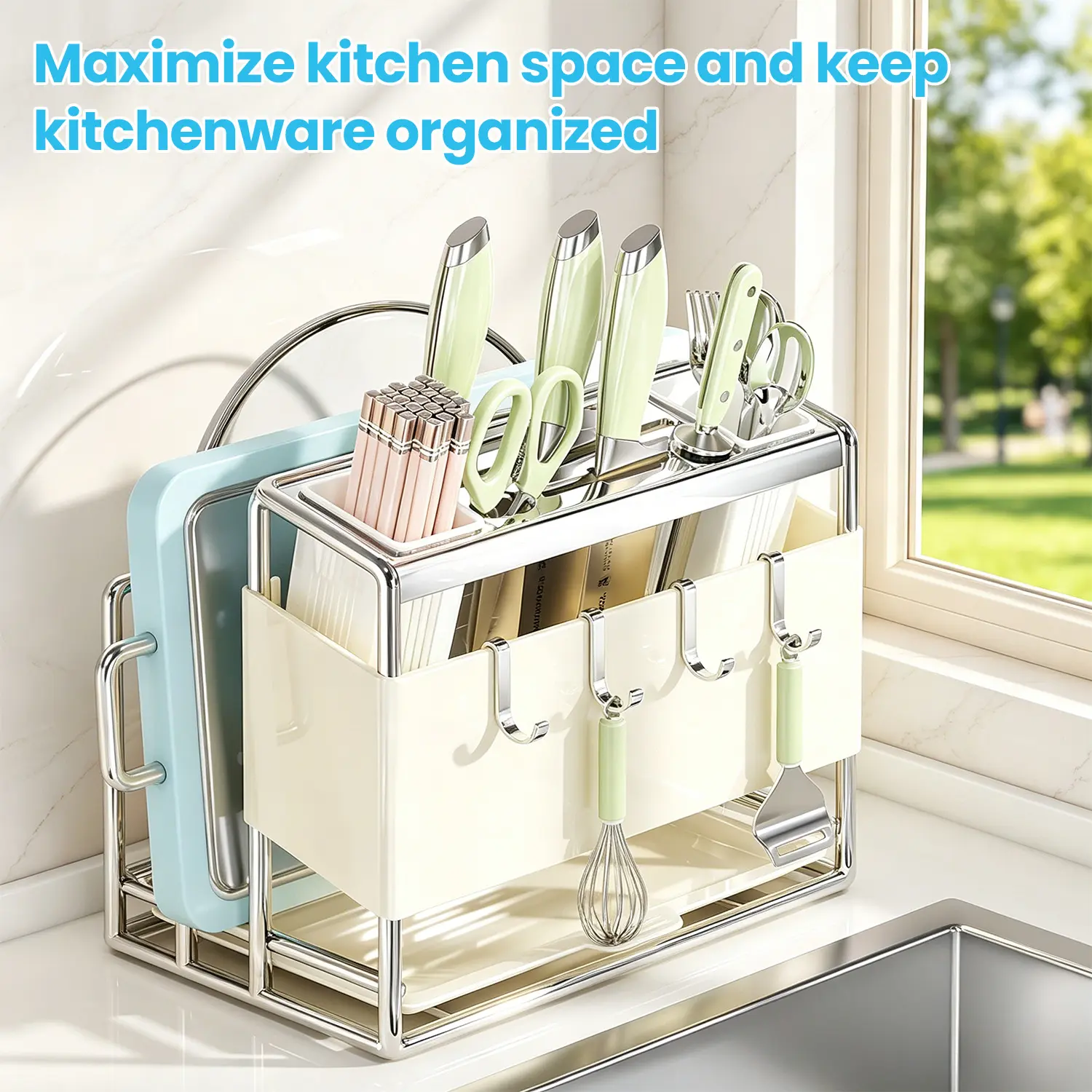 Knife rack with hooks, stainless steel knife and chopping board rack, kitchen utensil rack with draining tray, suitable for kitchen worktops Storage