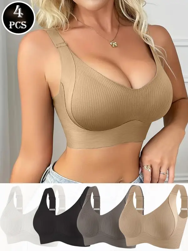 Women's 4-Pack Seamless Wireless Bras for Women, V-Neck, Full Coverage, Back Smoothing, High Stretch, Breathable, Adjustable Straps, Removable Pads, Light Support for Yoga & Daily Wear, Yoga Wear, Retro