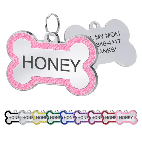 LIVEKEY Personalized Glitter Pink Circle-Bone Dog Tags Engraved with Dog Name Tags Sliding Cat ID Tags Customizable with Pet Name and Contact Information