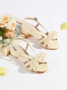 2026 Spring Ready New Girls High Heels, Comfortable Buckle Design, PU Leather, Rubber Sole, Floral Pattern, Floral Accents, Fashion Sandals, Elegance