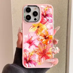 Pink metal photo frame with lily pattern anti drop phone case soft shell with buttons suitable for Apple XS/XR/11/12/13/14/15/16/17PRO/PROMAX/PLUS/AIR, it is a good choice for giving to girlfriends, boyfriends, and family!