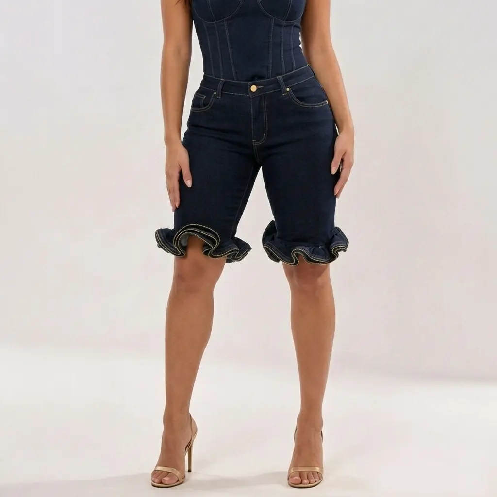 ChicCurve Women's Ruffle Hem Denim Bermudas, High Rise Curvy Fit Stretch Jean Shorts with Golden Edged Frills, Elegant Casual High Waist Capris for All Seasons Party & Streetwear