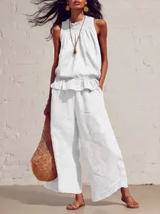 Women's Summer Solid Color Casual Retro Boho Ruffle Cotton Linen Sleeveless Top and Pants Two-Piece Set, Comfortable and Stylish Bohemian