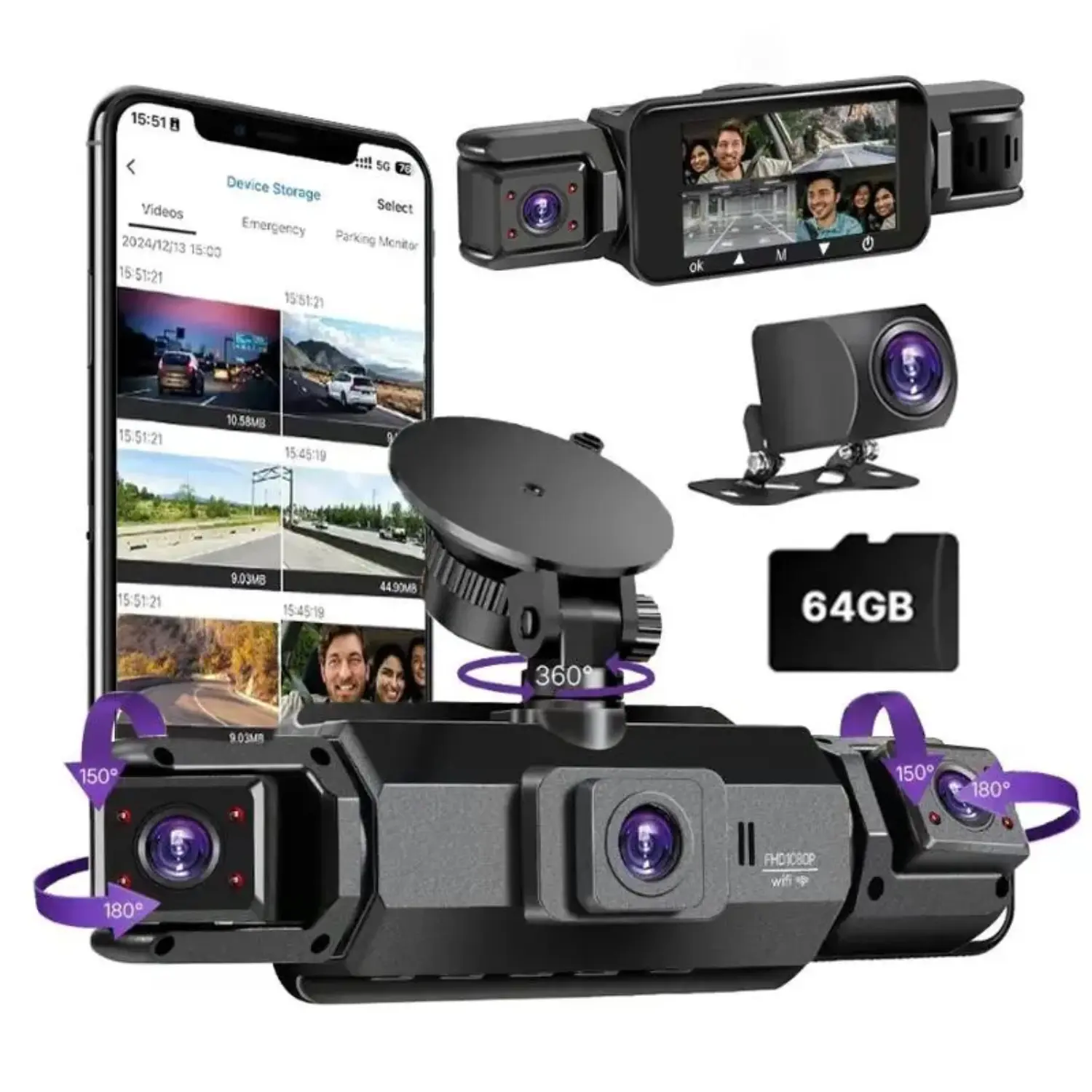 4-Channel Dash Cam for Cars with WiFi, Front Rear Left Right Recording, 4-Inch IPS Screen, HDR, App Control, 64GB Card Included