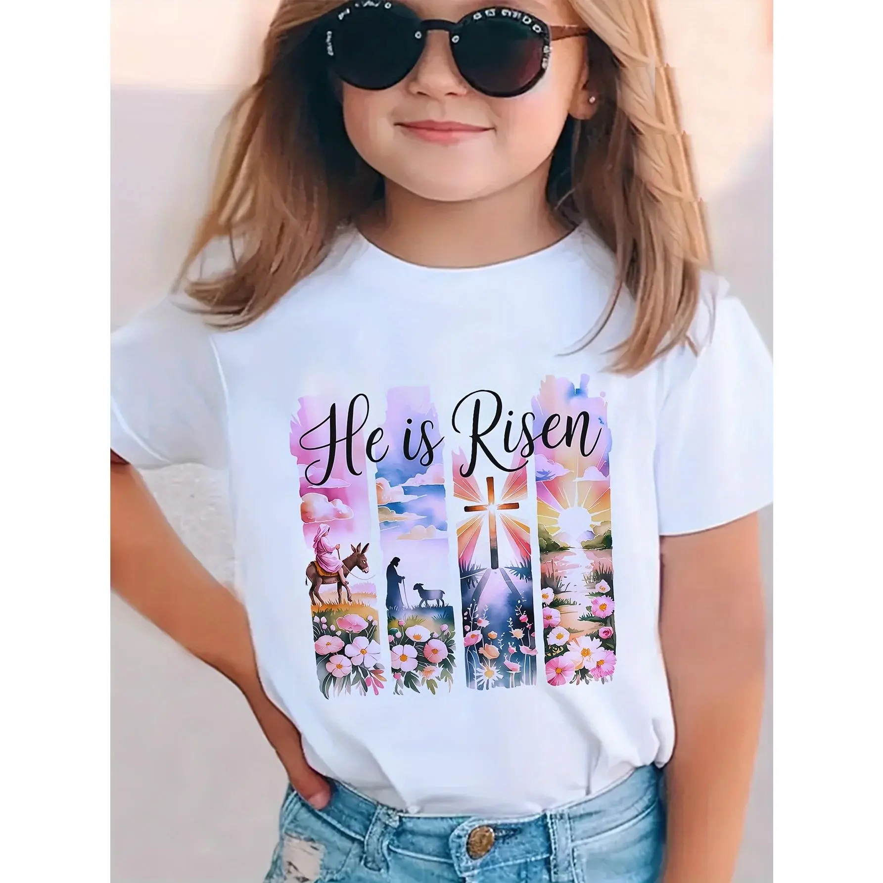 he is risen Girls' Christian Easter Dress - Soft Knit Religious He is Risen Top with Pastel Floral Cross, Short Sleeve Church Outfit for Toddler Girls, Spring Summer Birthday Party Attire, Machine Washable Comfortable Dressy Wear