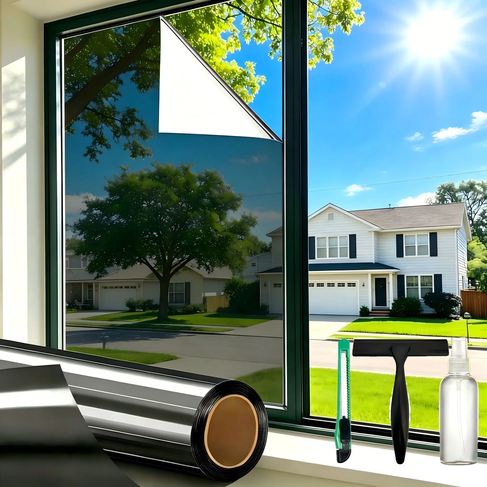 Black 1-Way Window Privacy Film with Installation Tools - Premium PET, 99% UV Blocking, Heat Control, Mirror Effect, Residential Use for Balcony & Bedroom