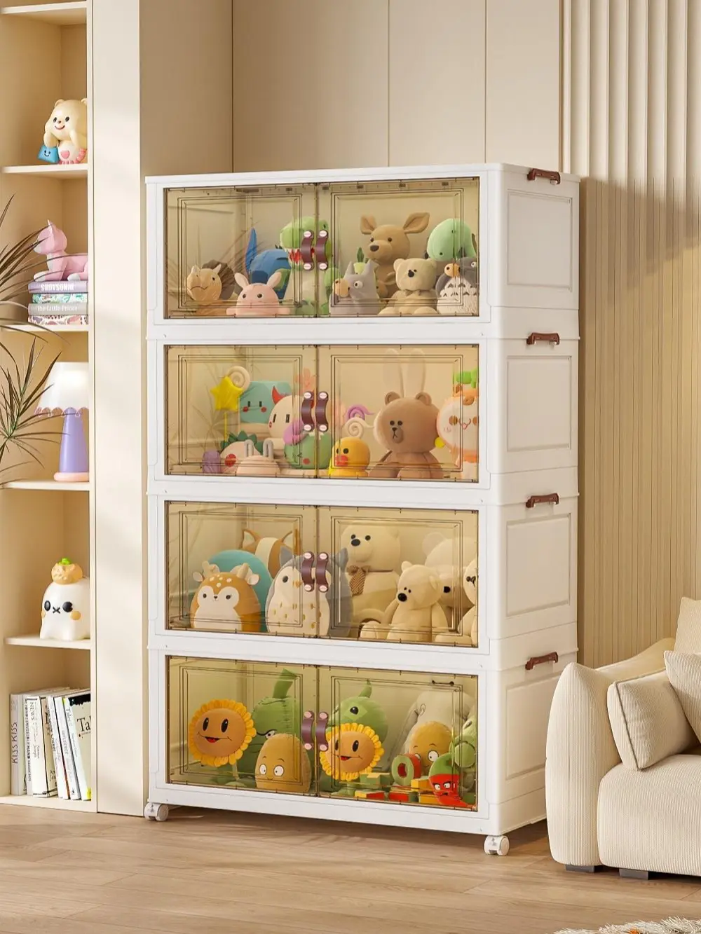 Large Capacity Plastic Storage Cabinet with Double Transparent Doors, Modular Foldable Structure, Heavy Duty Load Bearing, Stackable, Tool-Free Assembly, Detachable Casters, Dustproof Organizer for Bedroom Closet Dorm