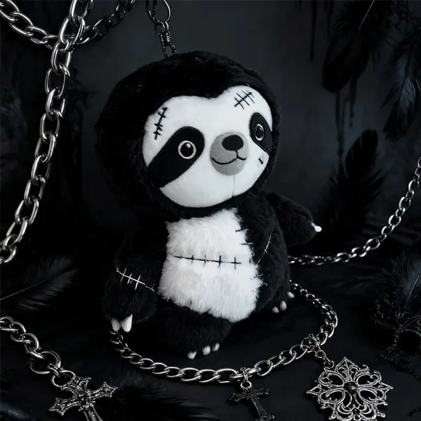 25cm Gothic Stitch Sloth Plush Toy - Cute Black White Patchwork Look Fluffy Stuffed Doll, Emo Goth Design, Halloween Gift for Kids, Soft Emo