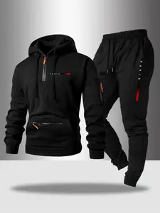 Men's Hooded Sweatshirt Set with Zipper Pockets, Letter Print, Casual Fitted Design, Fall & Winter Streetwear, Multiple Colors Available