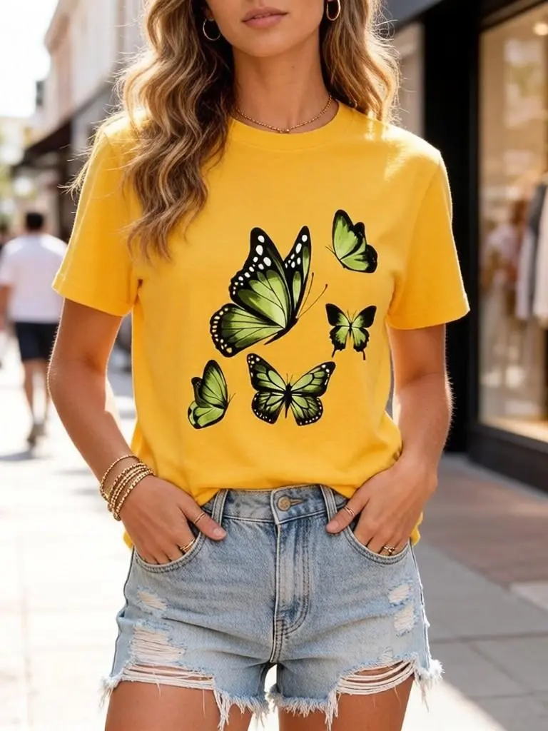 Women's Casual Cropped Butterfly T-Shirt with Round Neck, Vintage Short Sleeve Streetwear Style in Soft Cotton for Layering Outfits, Tshirt, Women's Graphic Tees, Machine Washable, Easy Care, Everyday Fits, Shortsleeve, Fabric, Lady, Heat Transfer, Ultra-