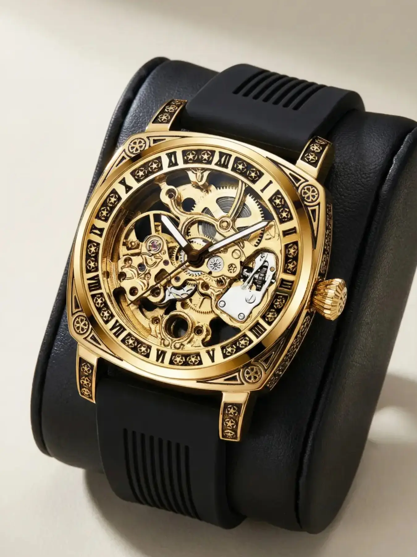 Business Sport Mechanical Watch, Bucket Shape Engraved Hollow Design, Roman Numerals, Silicone Strap, Automatic Movement, Automatic Watches