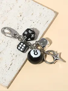 Funky Star Dice Pendant Keychain Men's Punk Style Metal Starburst Keychain Black 8 Ball Star Dice Billiards Keychain, Star Dice Billiards Keychain Ornaments for Car, Backpack, Keychain For Car Keys, Christmas Gift