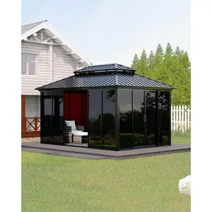 10x14 ft Enclosed Garden Sunroom Gazebo, Hardtop Solarium with Double Polycarbonate Roof & Floor-to-Ceiling Sliding Doors, Durable All-Aluminum Alloy Frame for Backyard, Deck, Patio & Hot Tub Enclosure