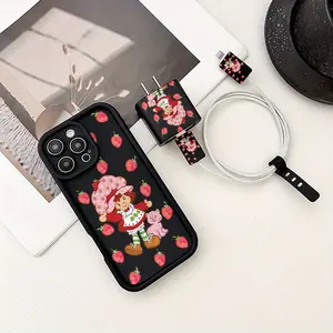 5 Piece Set Strawberry Doll Phone Case, Charger Head Cover, Cable Protector, Storage Rope, Anti-Drop Tpu Case for iPhone 6/7/8/x/11/12/13/14/15/16/17 Pro Max