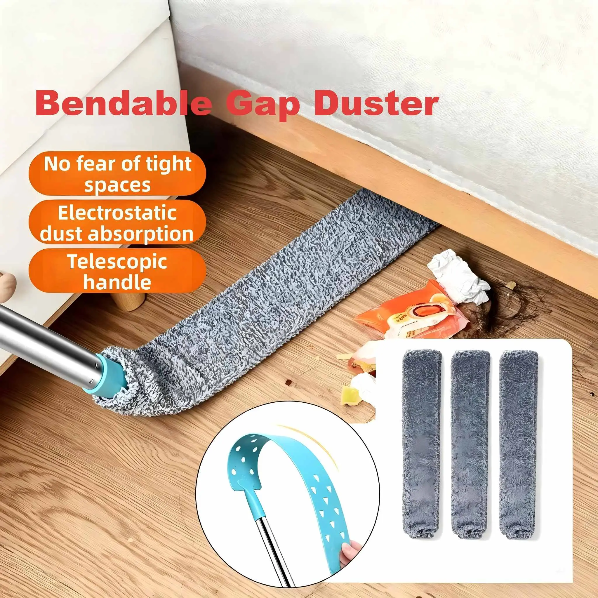 Telescopic Gap Dust Cleaner Set, 58.5in Long-Handled Stainless Steel Extension Duster (Duster Head Compatible), 3 Washable Reusable Cloths, Soft Bristles, Adjustable Bendable Rotating Brush, Lightweight Tool for Delicate Surfaces, Home Gaps, Bedrooms