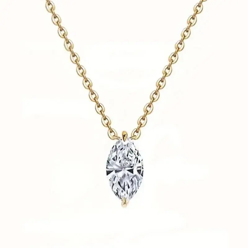Elegant Marquise Cut Sparkling CZ Necklace for Women, 45cm Classic Pendant with Brass Base for Daily Wear & Party, Single Stone
