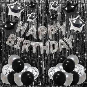 Silver and Black Happy Birthday Decorations for Boys Men Girls Women, Foil Happy Birthday Banner, Fringe Curtains, Star Balloons for Him Her 13th 16th 18th 20th 21st 25th 30th 40th 50th 60th Birthday
