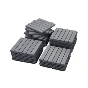 12"x12" Light Gray Striped Interlocking Acacia Wood Deck Tiles, Weatherproof Outdoor Hardwood Flooring for Patio, Balcony (10/20/30 PCS)