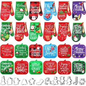 48 count Christmas Kitchen Oven Mitts Set Pot Holders Holiday Baking  Set with Cookie Cutters Wooden Spoons Merry Christmas Santa Snowman for Xmas Kitchen Supplies Cooking Lover Presents