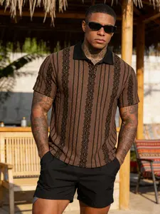 Men's Knitted Jacquard Stretch Polo Shirt, Short Sleeve Casual Breathable Top, Soft Golf & Tennis Wear, Fitted Design