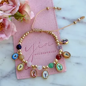 Chakra Bracelet with Siete Arcangeles Charms, Genuine Natural Stones and Gold Plated Beads, Adjustable for Spiritual Balance