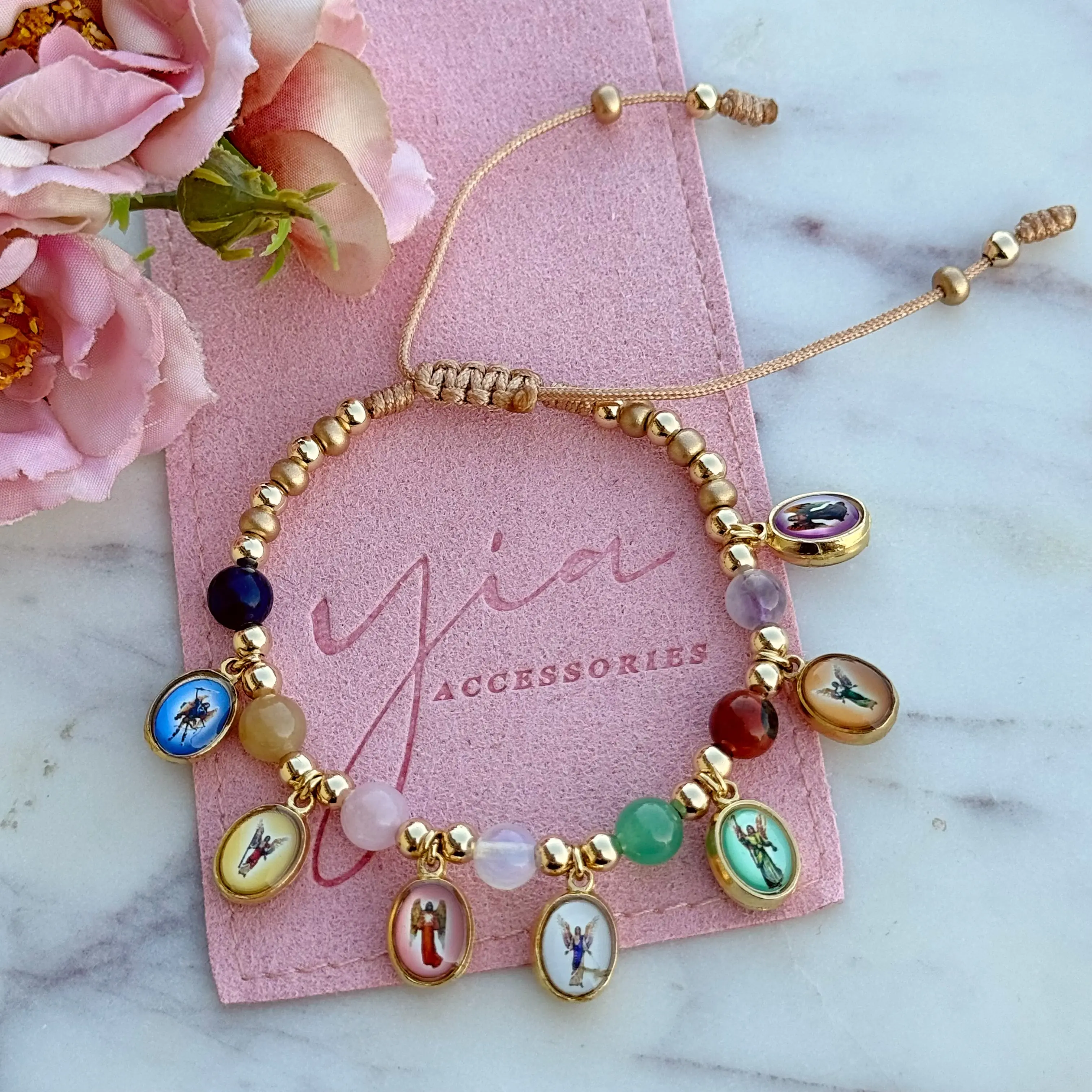 Chakra Bracelet Jewelry - 7 Arcangeles Charms, Genuine Natural Stones, Gold Plated Beads, Adjustable Fashionable Style, Daily Religious Wristband for Spiritual Connection & Balance, Bracelets Jewelry, Gold Plated Bracelets