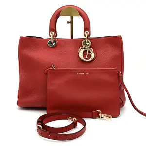 Pre-owned Dior Pebbled Leather Tote Diorissimo Medium Red #3763