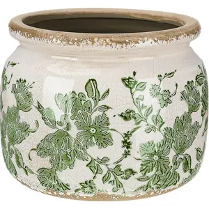 7.7" Large Ceramic Plant Pot Beige Green Vintage Floral Crackle Glaze Rustic Flowers Pot Decorative Planter with Drainage for Indoor Outdoor Plants Home Kitchen Office Decor Gift