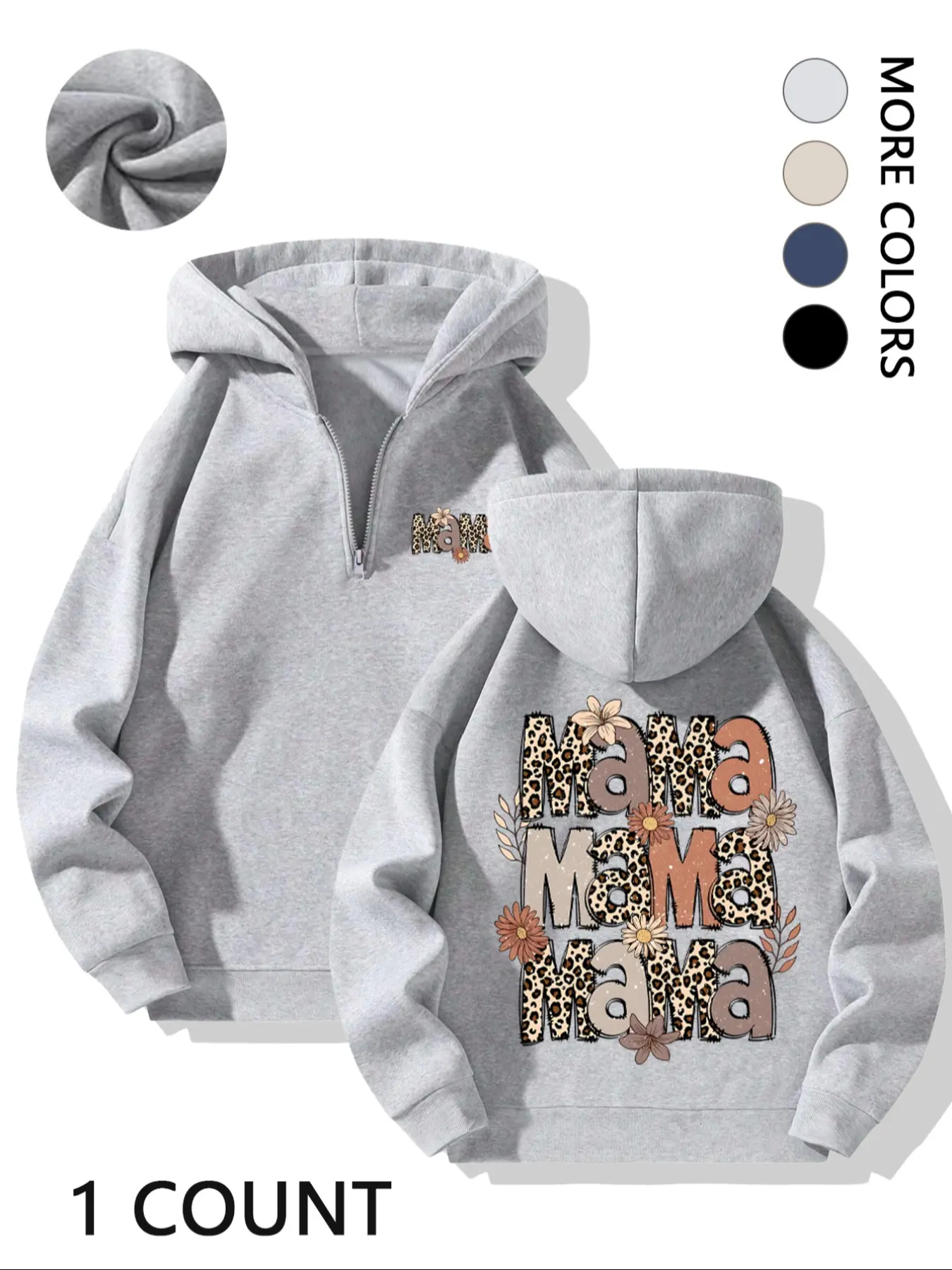 Mom Style Casual Loose Fit Cozy Soft Half-Zip Hoodie Sweatshirts - "Mama" Floral & Leopard Print Graphic Top Womenswear
