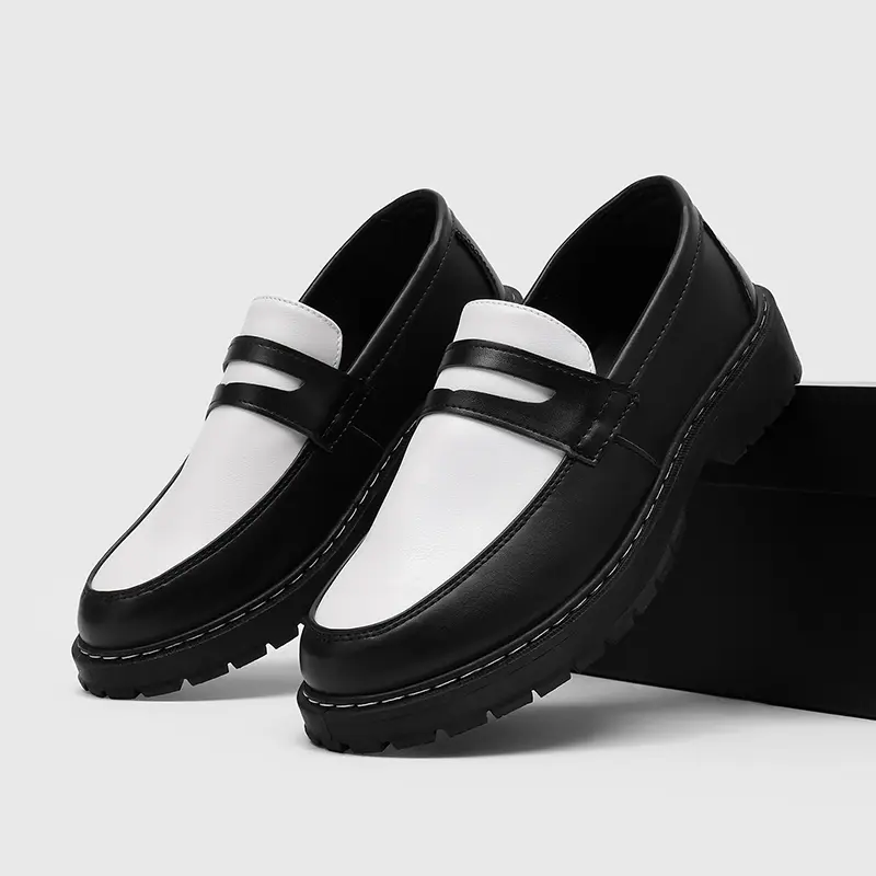 AOPLUS Two-Tone Penny Loafers – Men's Black & White Leather Dress Shoes, Retro Chunky Lug Sole Casual Slip-Ons for Smart Streetwear & Daily Style