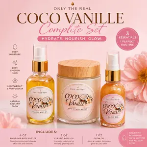 Only The Real Coco Vanille Complete Set - 3 Essentials for Hydrate Nourish Glow - 6oz Rinse Off Body Butter 2oz Classic Body Oil 1oz Glow Oil