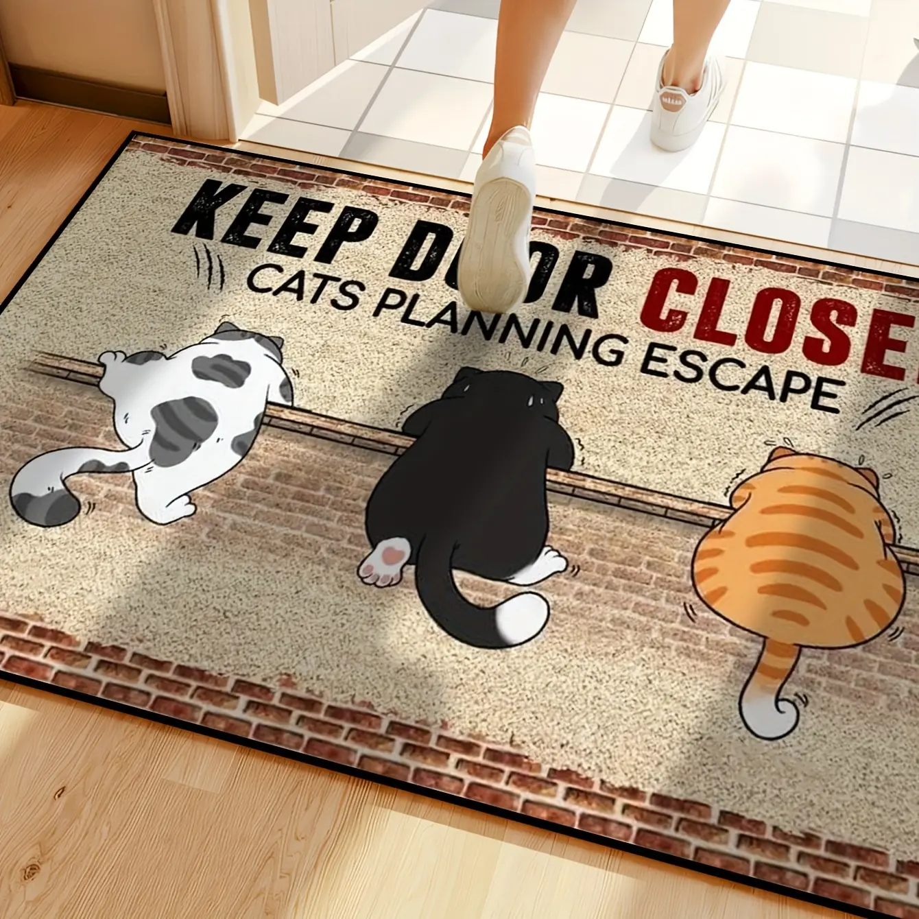 Funny  Doormat | “CATS PLANNING ESCAPE” Rug. A non-slip,  Animal Printed Rug Decorative Area Rug washable mat for  owners & home decor Reflective Spider Web Door Ghost Pumpkin Design Halloween Themed Kitchen and Cat