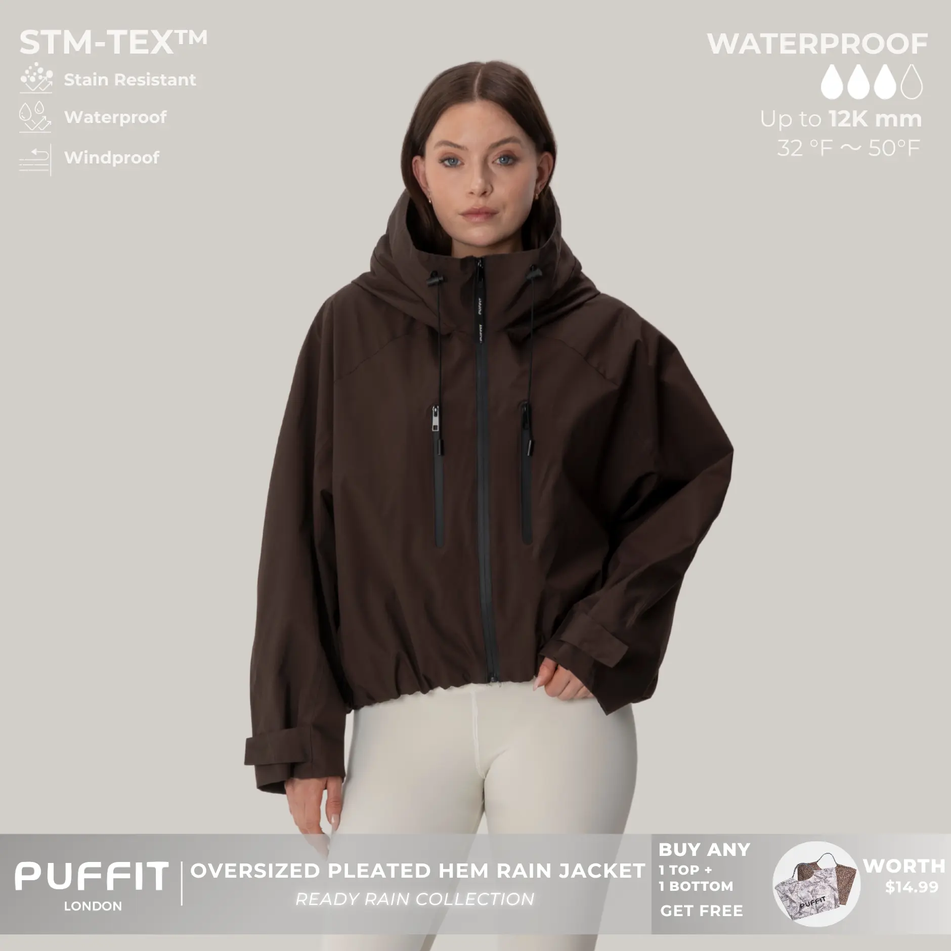 【Restocked】PUFFIT STM-TEX Short One-Size Rain Jacket With Pleated Hem,Hooded Jacket,Waterproof Jacket,Women Jacket,Wide-Brim Hood,Adjustable Cuffs,Zips,Outdoor Sport,Windbreaker,Fall,Winter,Dog Walking,School Running,Stylish,Womenswear,2026 Shopping