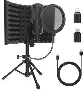 Studio Recording Microphone Isolation Shield with Pop Filter and Metal Tripod Stand, Studio Mic to PC Laptop Smartphone, Music Microphone for Recording Singing Podcasting