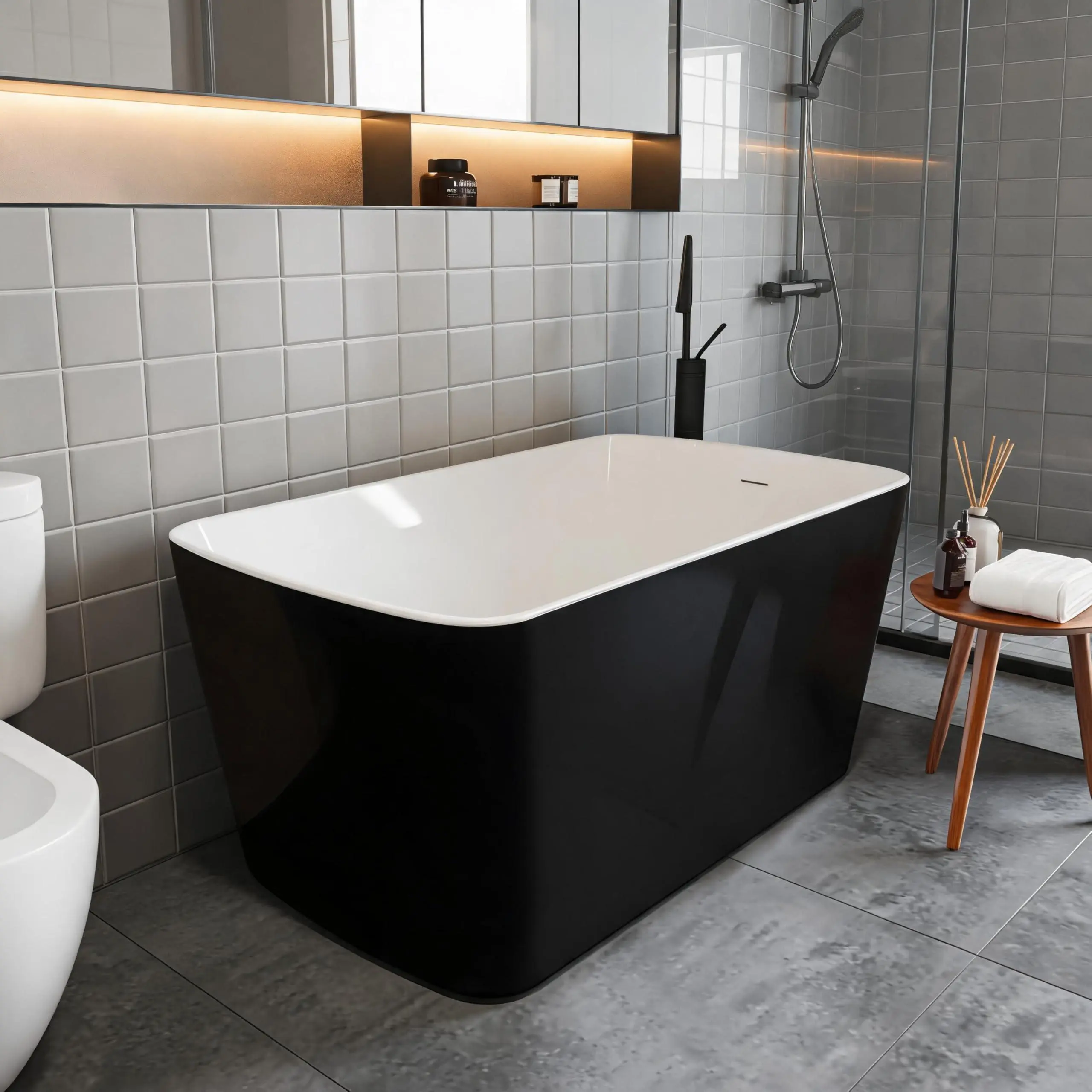 49" Freestanding Acrylic Bathtub, Japanese Square Soaking Tub with Built-in Seat, Toe-Tap Drain & Slotted Overflow, CUPC Certified Black Standalone Tub for Modern Bathroom