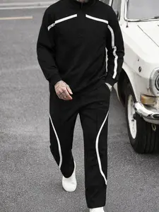 Men's American Style Sport Set, Half-Zip Stand Collar Top and Drawstring Wide Leg Pants, Colorblock Design, All Seasons, Casual, Sweatsuit Set Outfit, Colorblock Tracksuit Set