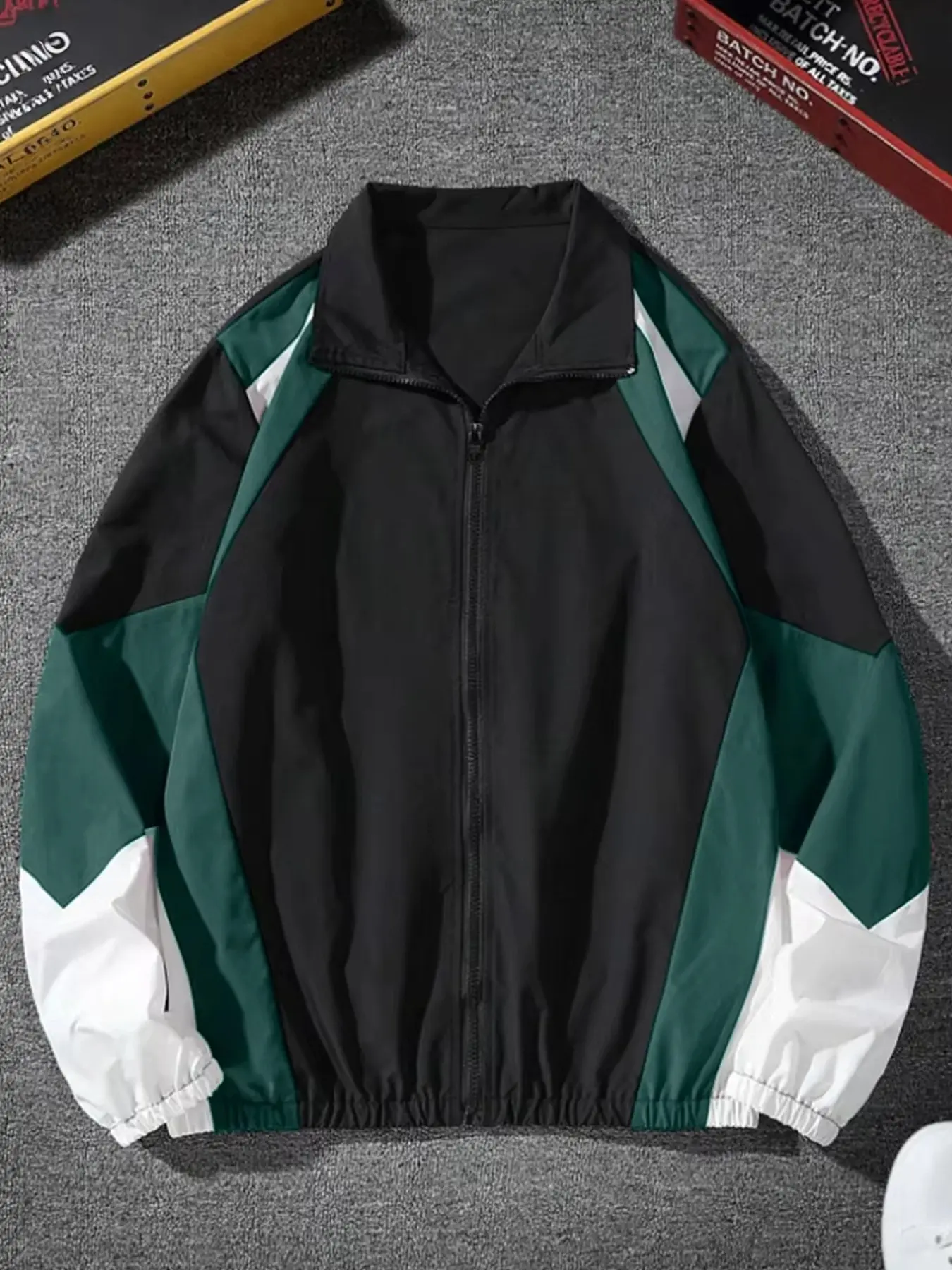 Men's Retro 90s Color-Block Polyester Windbreaker Coat - Menswear Stand Collar, Loose Straight Fit Patchwork Streetwear, Athletic Layer with Hem Details