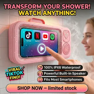 360° Rotatable Waterproof Shower Phone Holder, Anti-fog HD Transparent Cover with Built-in Bluetooth Speaker, Punch-Free Wall Mount Bracket for Bathroom Mirror Bathtub Kitchen, Multifunctional Shower Accessories for 4-7 Inch Phones