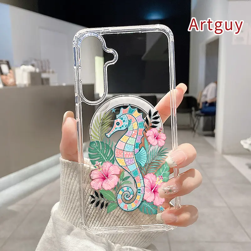 Tropical Seahorse Pattern Magnetic Phone Case for Samsung Galaxy S26 Edge S23 Ultra S24 Plus FE S25 S22+ Anti-Yellowing Shockproof Lightweight Transparent Acrylic Large Hole Soft Cover Supports Wireless Charging