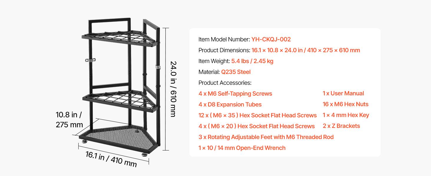 VEVOR Garden Tool Organizer for Corner, 17 Slots, Metal Garage Storage Rack, for Rakes/Shovels/Brooms, Yard Utility Tool Holder for Shed/Outdoor/Lawn Organization, Heavy-Duty Steel, with Hooks, Black