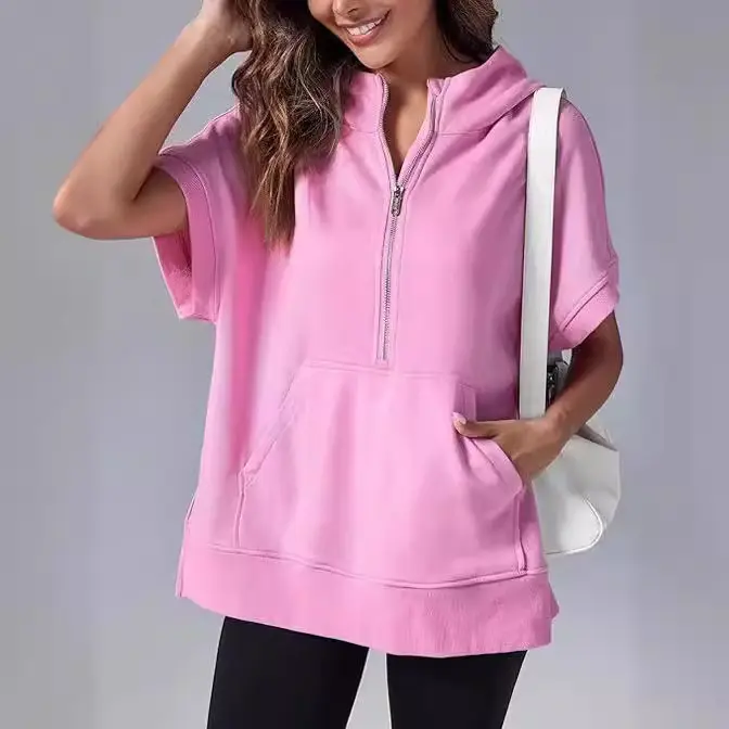 Spring & Summer Casual Solid Short Sleeve Hoodie For Women, Minimal Daily Comfort Versatile Fashion Top