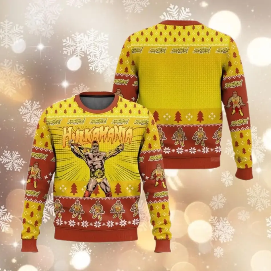 WWE Hulkamania Holiday Sweater – Classic Yellow & Red Ugly Christmas Knit for Men & Women | Festive Wrestling Gift