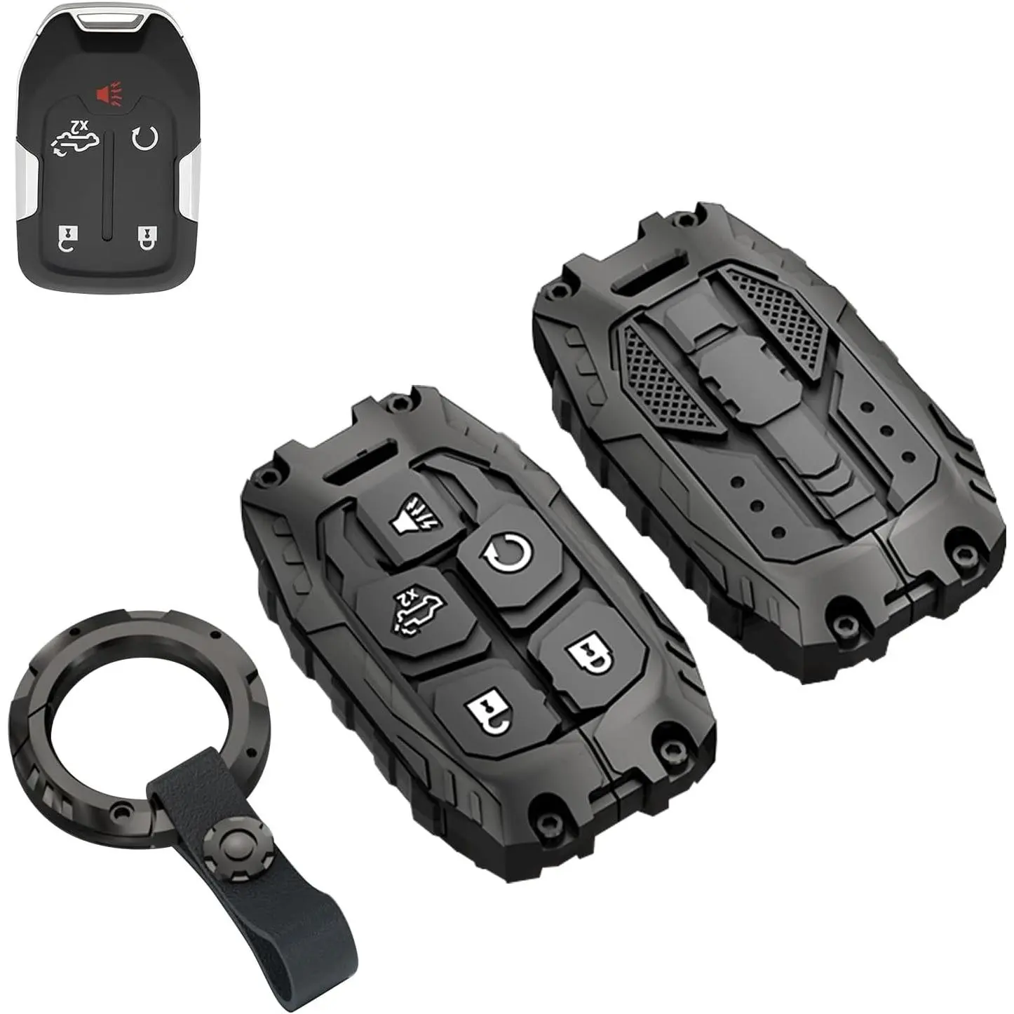 Heavy Key Fob Cover Case Protector for GMC, Keychain, Accessories for 2023 2022 2021 2020 2019 GMC Sierra, Chevy Silverado 1500 2500HD 3500HD (Type-B 5 Buttons)