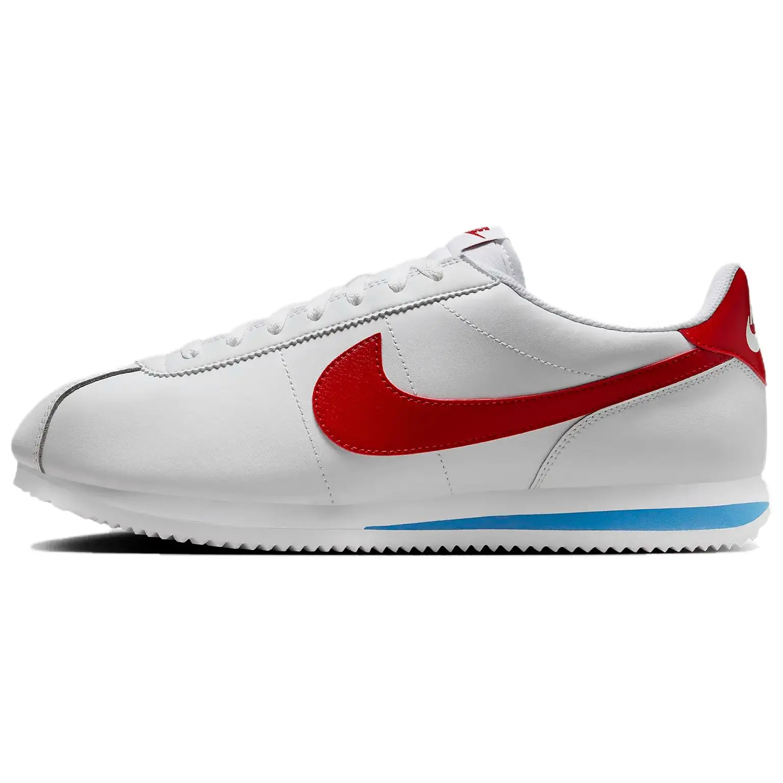 Nike Cortez 'Forrest Gump' 2024 Men's Retro Sneaker Featuring a Classic White Leather Upper, Bold Varsity Red, and Blue Accents for All Seasons