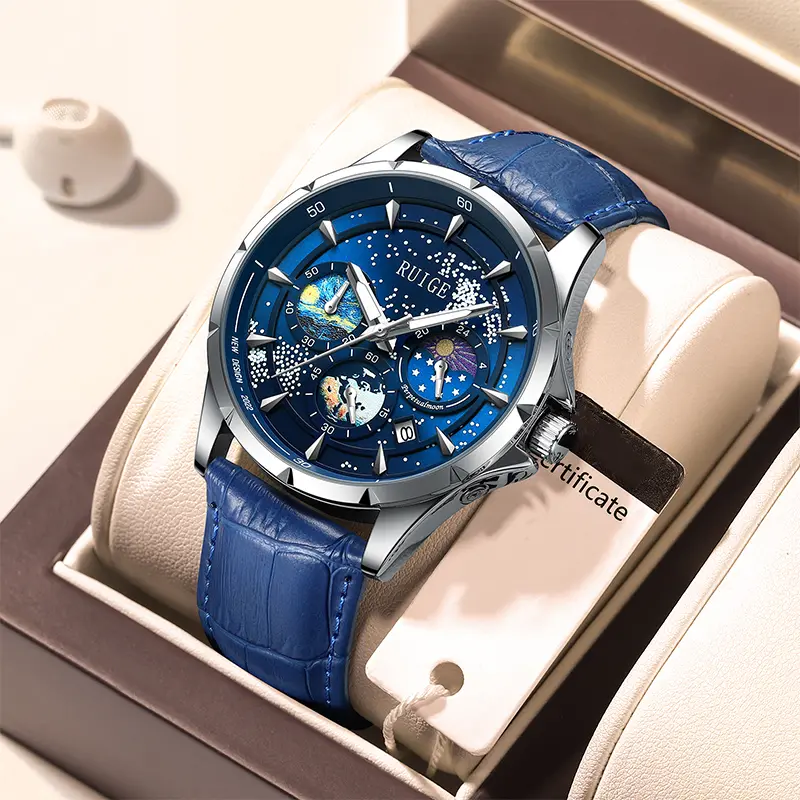RUIGE Men's Star Sea Luminous Analog Watch - Trendy Multifunctional Leather Strap Watch with Calendar, Moon Phase, Night Light, Water Resistance, Trendy Multifunctional Watch