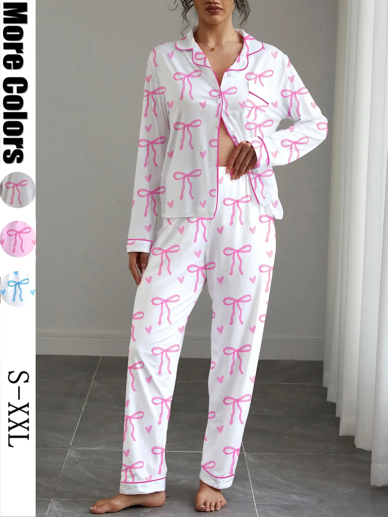 Women's Cute Bow Print Pajama Set, Collared Pajamas, Soft Elastic Fabric, Long Sleeve Shirt Collar Top & Pants, Perfect for Home & Outdoor Wear Loungewear