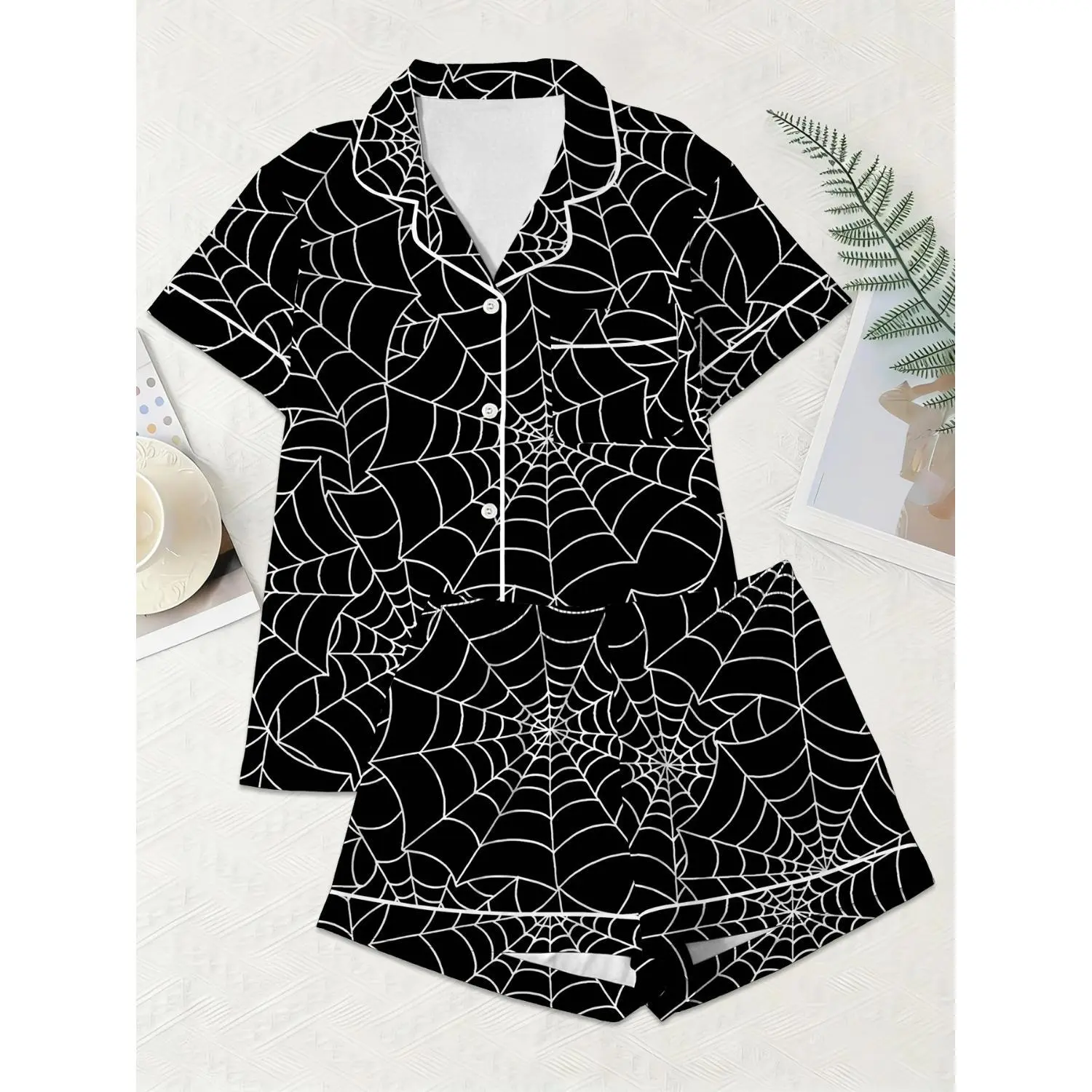 Women's Gothic Spider Web Print Button-Up Short-Sleeve Pajama Set - Lightweight, Stretchy Soft Sleepwear & Loungewear, Shortsleeve, Pyjamas