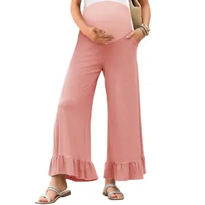Danedvi Women's Maternity Ruffle Flowy Stretch Pants - Soft, Lounge Palazzo Trousers for Pregnancy, Postpartum Outfits, Maternity Clothing