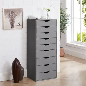 Home 9 Drawer Chest, Wood Storage Dresser Cabinet Without Wheels, Large Craft Storage Organizer Makeup Drawer Unit for Closet, Bedroom, Office File Cabinet 200 lbs Total Capacity Gray
